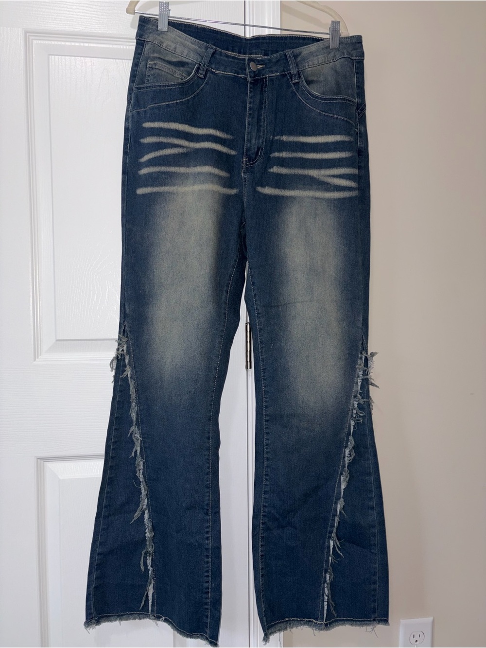 SHEIN Dark Blue Flared Distressed Jeans with Frayed Side Panels